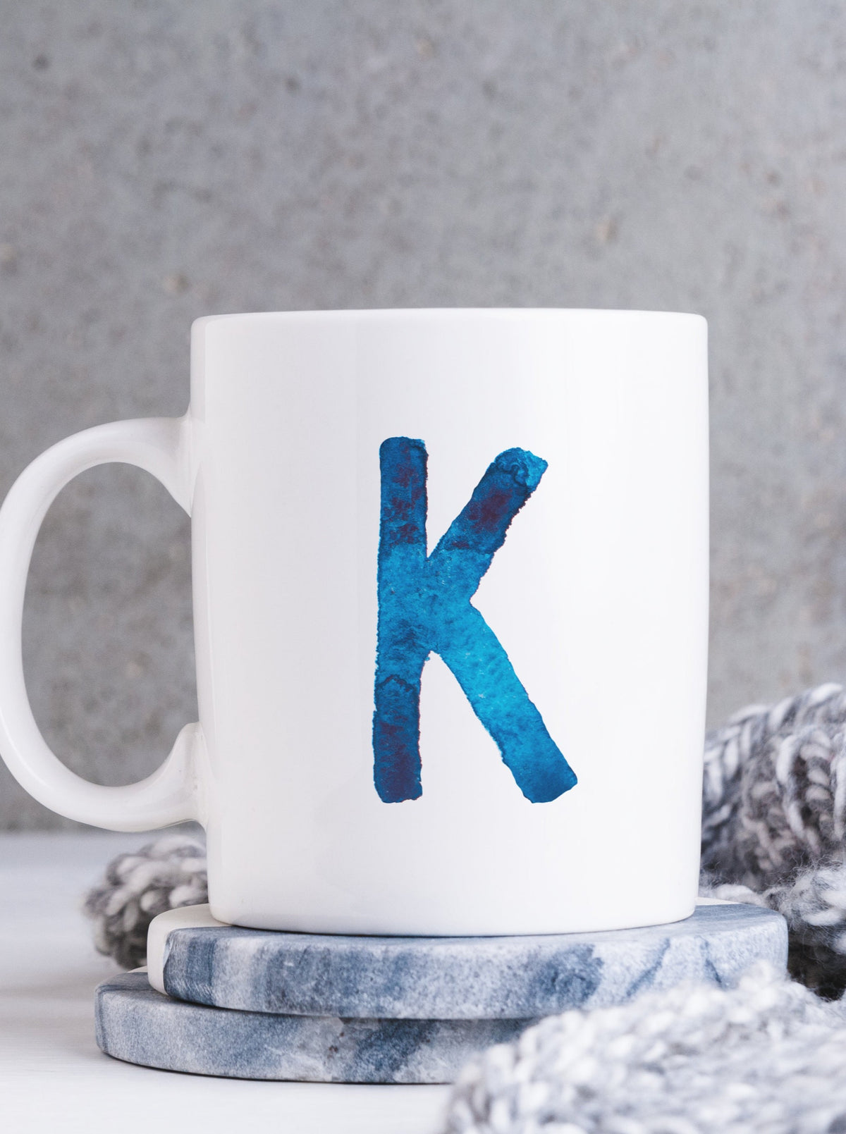 blue watercolor initial letter personalized coffee mug