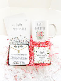 Custom Mother's Day gift box includes happy mother's day card, best mom ever coffee mug, personalize 14K gold initial letter necklace, floral peony bath bomb