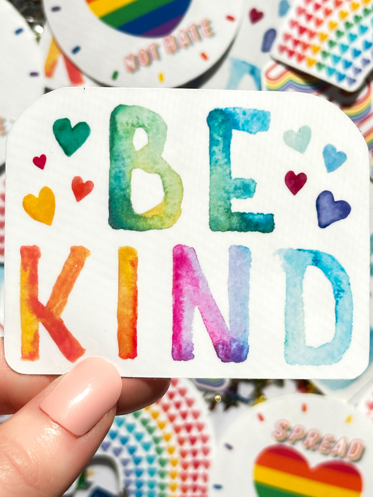 be kind colorful watercolor design with hearts watercolor vinyl sticker