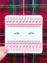 gold antler stud earrings on moose print design card