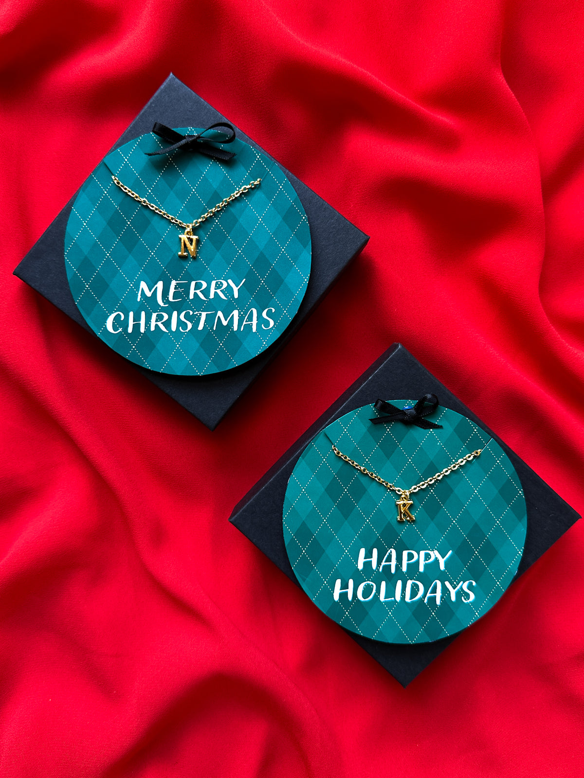 Merry Christmas and Happy Holiday green argyle letter necklace card
