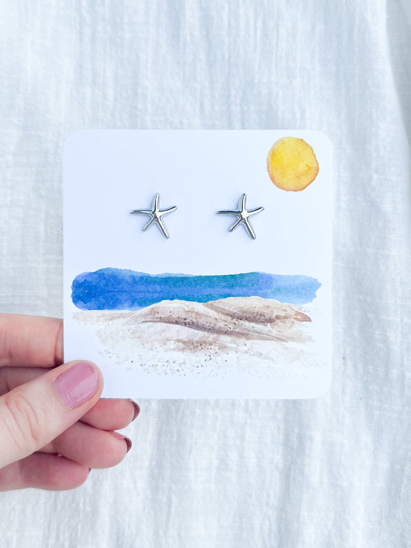 starfish silver stud earrings on beach cards