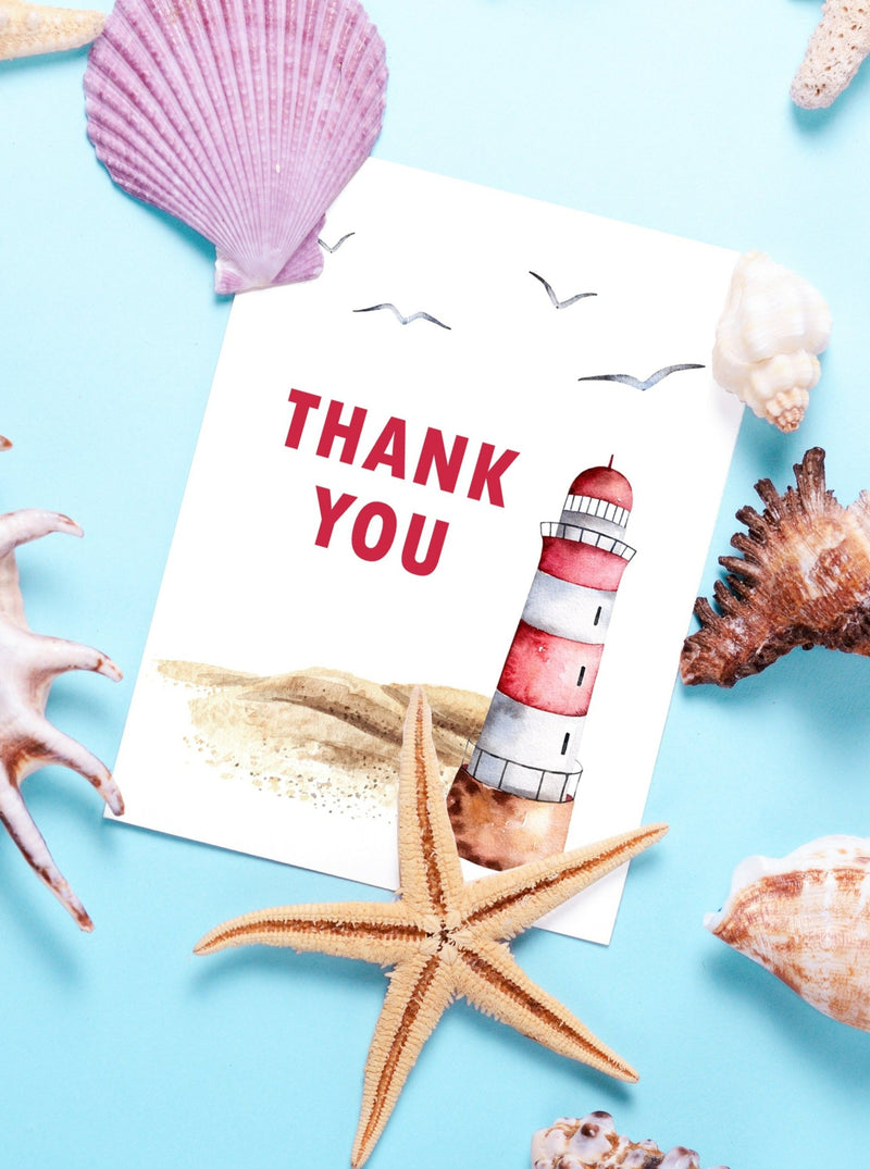 "A picturesque sandy beach with a red and white lighthouse set against a serene coastal backdrop, complemented by a heartfelt thank you in Red Lettering card design, evoking gratitude and a sense of calm seaside appreciation."