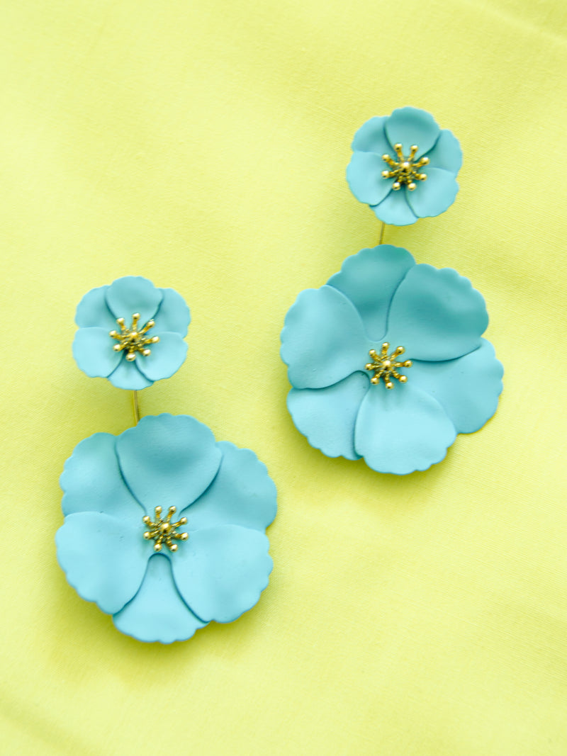 blue floral statement earrings, two -piece earring set