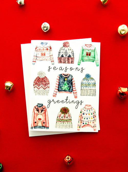 Sweater Weather Seasons Greetings Holiday Card Set, Knit Hat Christmas Card, Christmas Ugly Sweater Card, Handmade Holiday Greeting Card Set