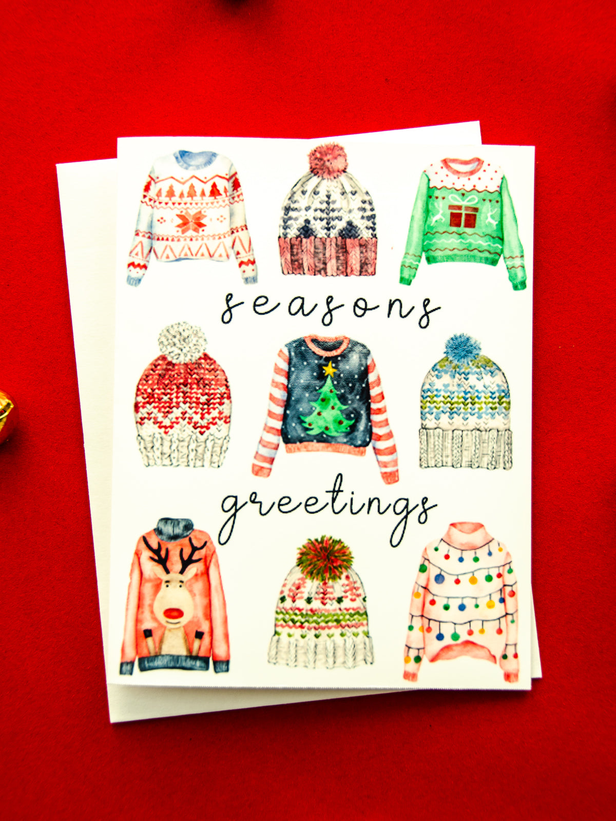 Sweater Weather Seasons Greetings Holiday Card Set, Knit Hat Christmas Card, Christmas Ugly Sweater Card, Handmade Holiday Greeting Card Set