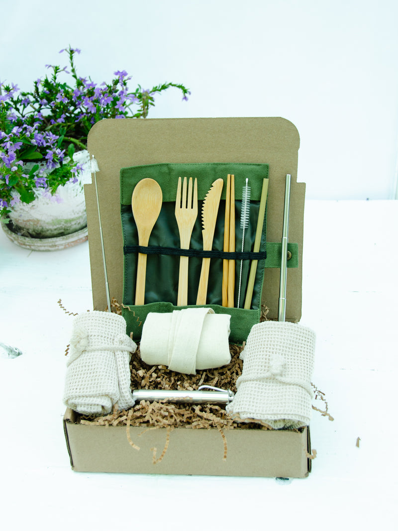 Eco-Friendly 12 Piece Sustainable Travel Kit Gift Box,Reusable Bamboo Utensil Cutlery Set,Reusable Telescopic Travel Straw,Cotton Canvas Bag