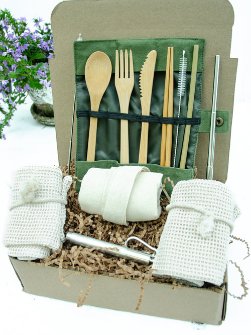 Eco-Friendly 12 Piece Sustainable Travel Kit Gift Box,Reusable Bamboo Utensil Cutlery Set,Reusable Telescopic Travel Straw,Cotton Canvas Bag