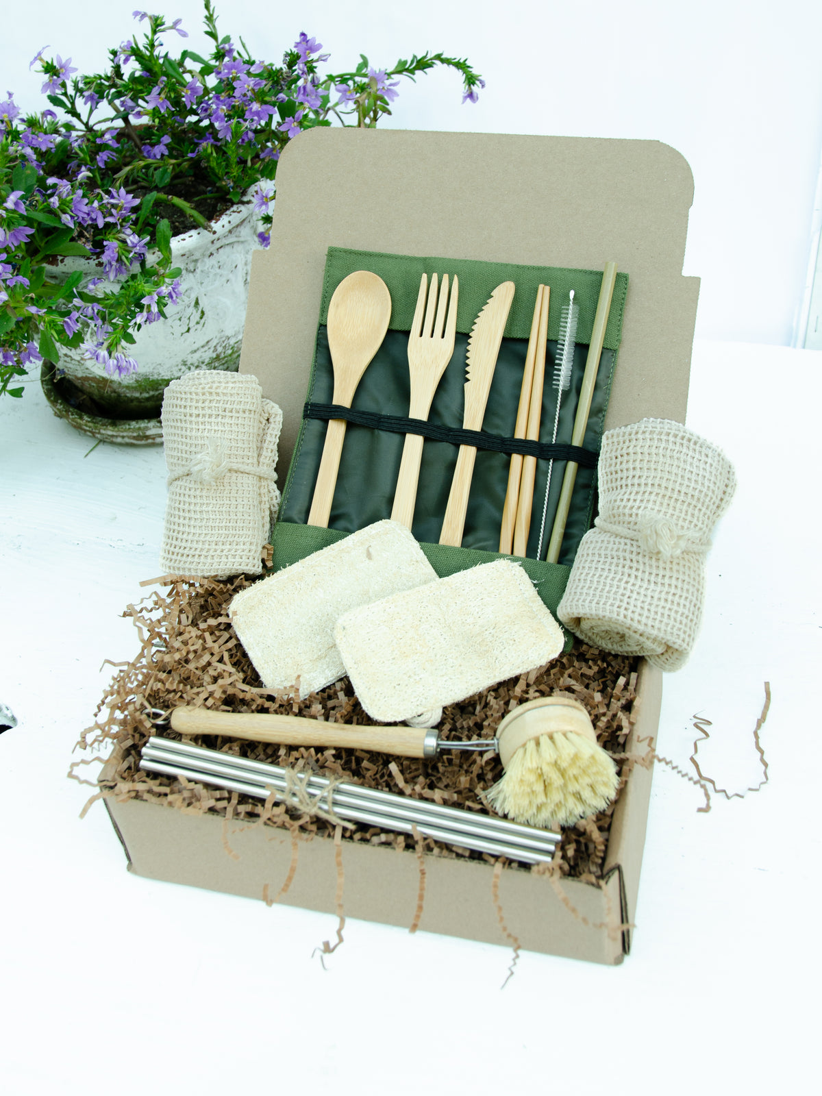 Zero Waste Eco-Friendly 16 Piece Sustainable Kitchen Kit Gift Box,Reusable Bamboo Utensil Set,Reusable Straw Set,Reusable Bags, Eco Sponges