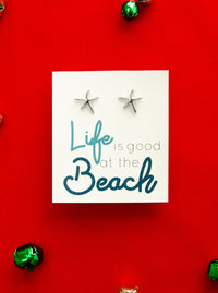 life is good at the beach card with silver starfish stud earrings