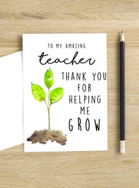 Thank You for helping me Grow Teacher Appreciation Card,Best Teacher Ever Card,Preschool Teacher Card,#1 Teacher Card,Teacher Gift Ideas. Sweet watercolor small green plant  in brown earth depicting growing
