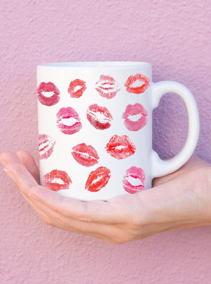 lipstick kisses coffee mug red and pink lips all around mug design. C handle.  11 oz