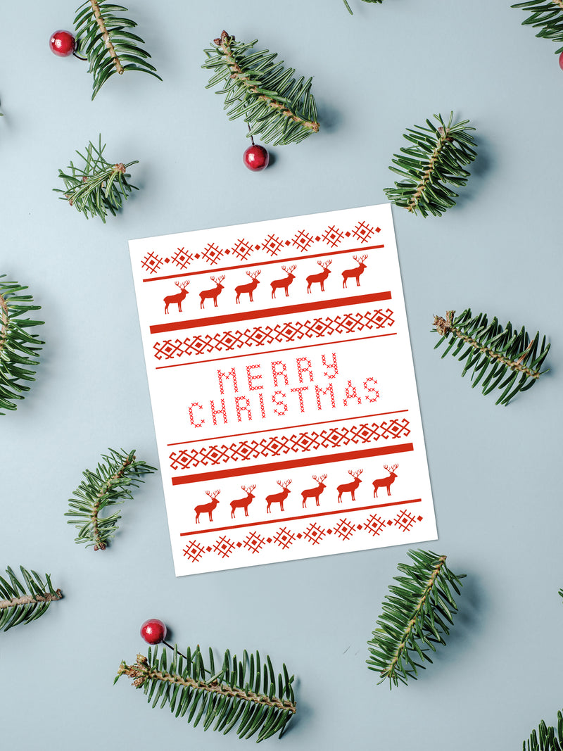Merry Christmas Nordic Reindeer Red Print Card Set,Holiday Chrismas Cards,Handmade Holiday Greeting Cards,Holiday Season Greetings Card,Made in USA