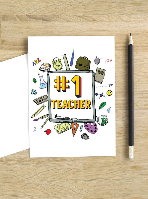 Number One Teacher Appreciation Card,Best Teacher Ever Card,Preschool Teacher Card,#1 Teacher Card,Teacher Gift Ideas, Made in USA. Teacher Items organized around the card.  Bold letters depicting #1 Teacher