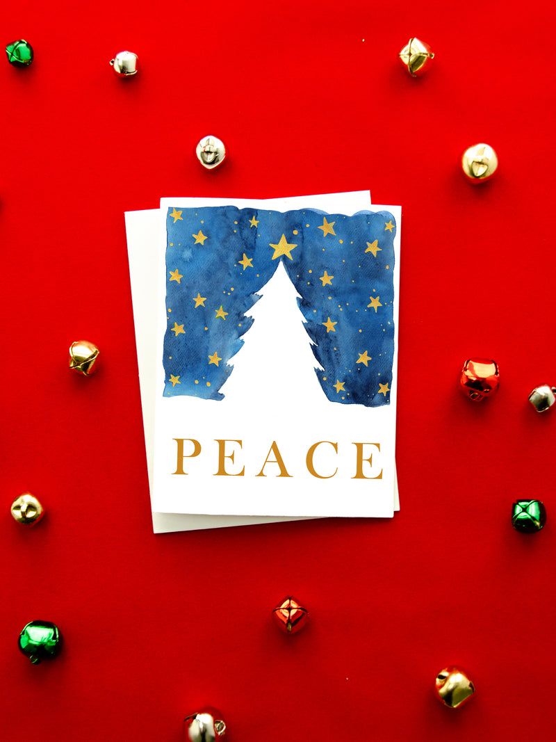 PEACE Holiday Card Set, Seasons Greeting Christmas Card, Christmas Tree Starry Night Card, Handmade Holiday Greeting Card Set