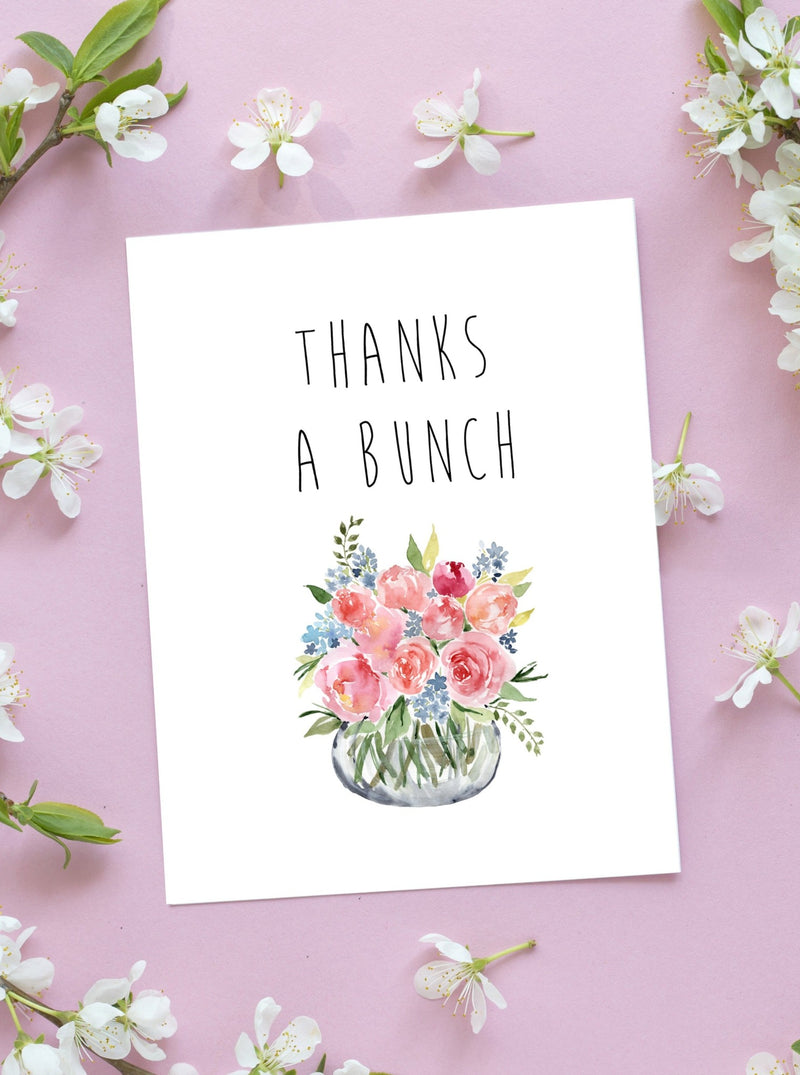 Thanks A Bunch Spring Thank You Greeting Card Set,Gift for Friend,Easter Card,Floral Spring Card,Flower Card,Mother's Day Card Made in USA Beautiful rose and blue colored flwers in a vase centered on a white card. Black lettering
