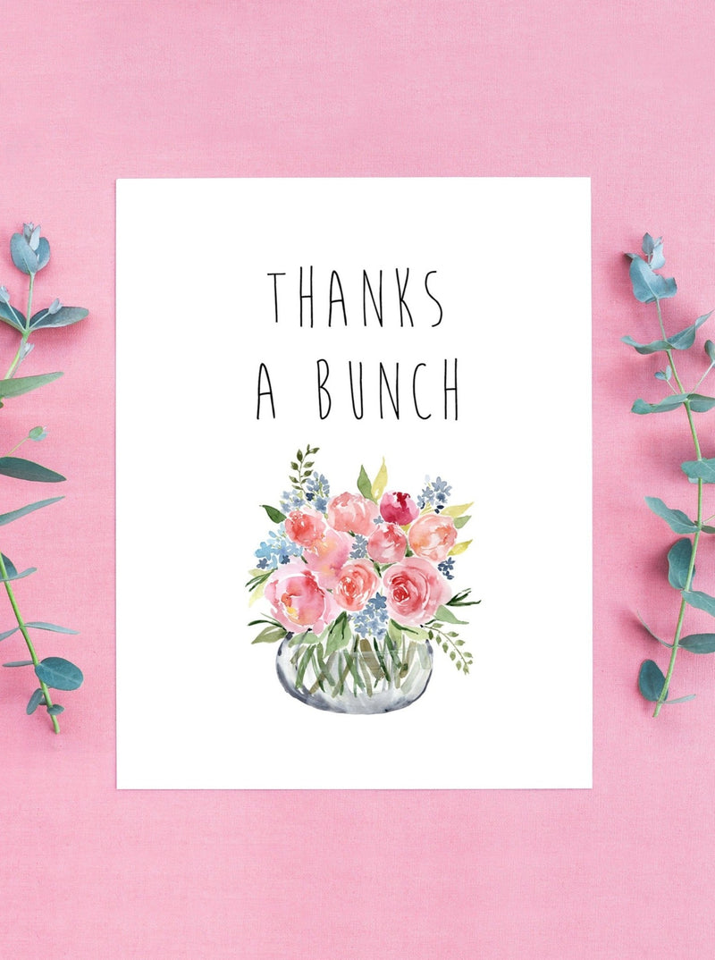 Thanks A Bunch Spring Thank You Greeting Card Set,Gift for Friend,Easter Card,Floral Spring Card,Flower Card,Mother's Day Card Made in USA Beautiful rose and blue colored flwers in a vase centered on a white card.  Black lettering